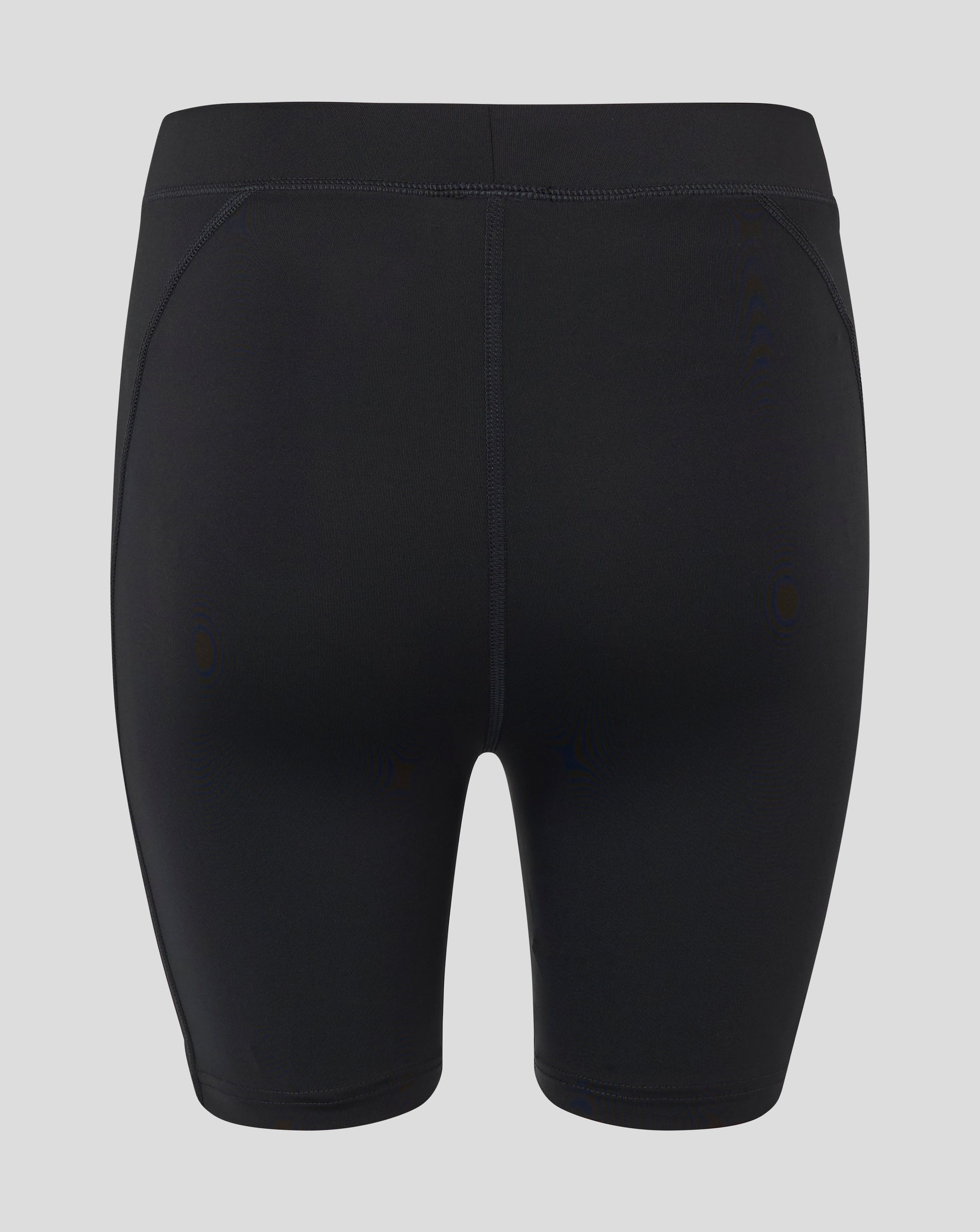 Back view of black baselayer shorts showing folded waistband zoned paneling and central back seam
