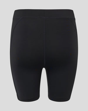 Back view of black baselayer shorts showing folded waistband zoned paneling and central back seam