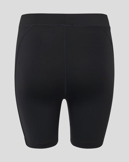 Back view of black baselayer shorts showing folded waistband zoned paneling and central back seam