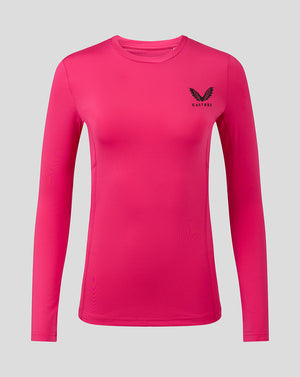 Front view of Beetroot Purple womens baselayer long sleeve top with a heat sealed Castore logo on the chest