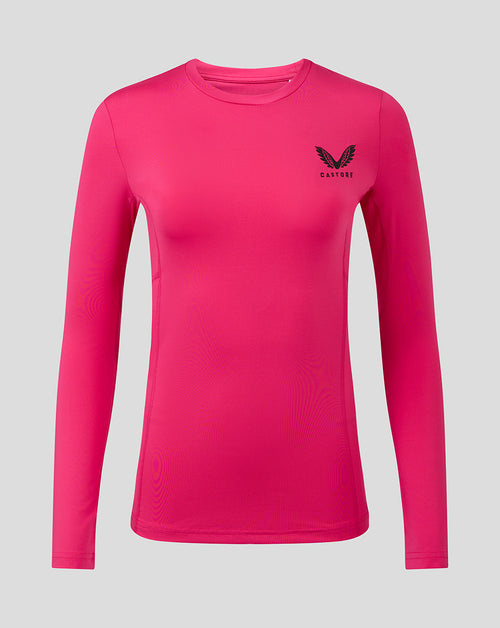 Front view of Beetroot Purple womens baselayer long sleeve top with a heat sealed Castore logo on the chest