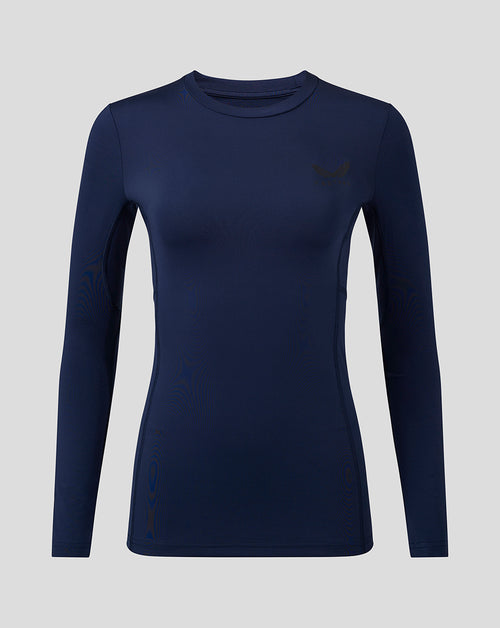 Front view of navy womens Baselayer Long Sleeve Top with crew neck and Castore logo on the chest
