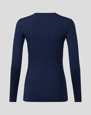 Back view of navy Baselayer Long Sleeve Top with clean silhouette and seam detailing
