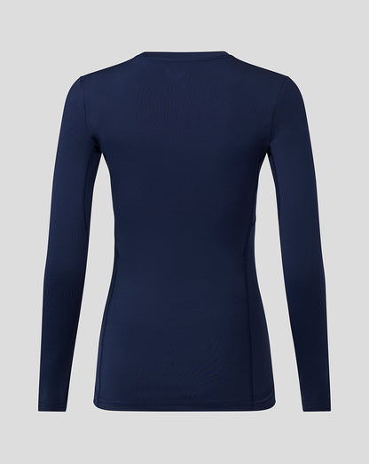 Back view of navy Baselayer Long Sleeve Top with clean silhouette and seam detailing