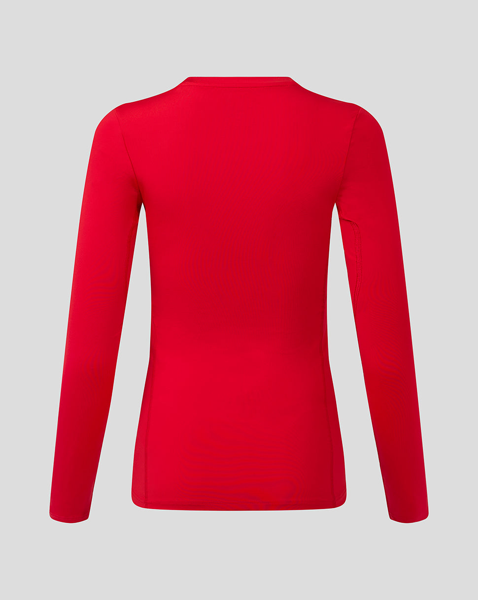 Back view of red womens Baselayer long sleeve top showing clean silhouette