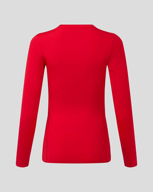 Back view of red womens Baselayer long sleeve top showing clean silhouette