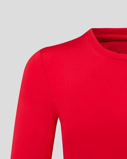 Close up of red womens baselayer long sleeve top showing shoulder seam and crew neck