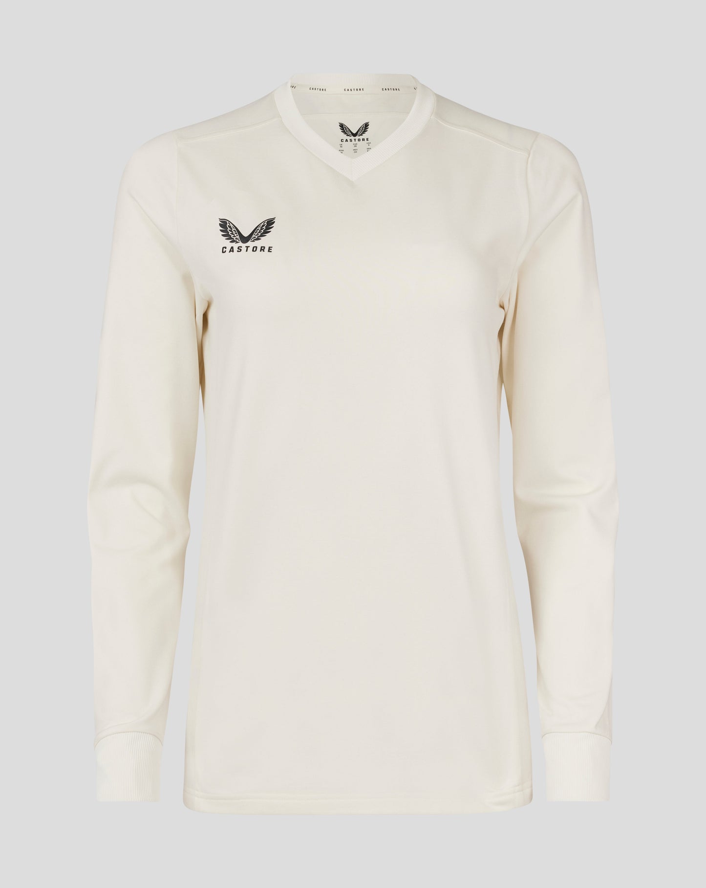 Womens Cannoli Cream cricket jumper featuring mitred V-neck mesh panels and ribbed cuffs