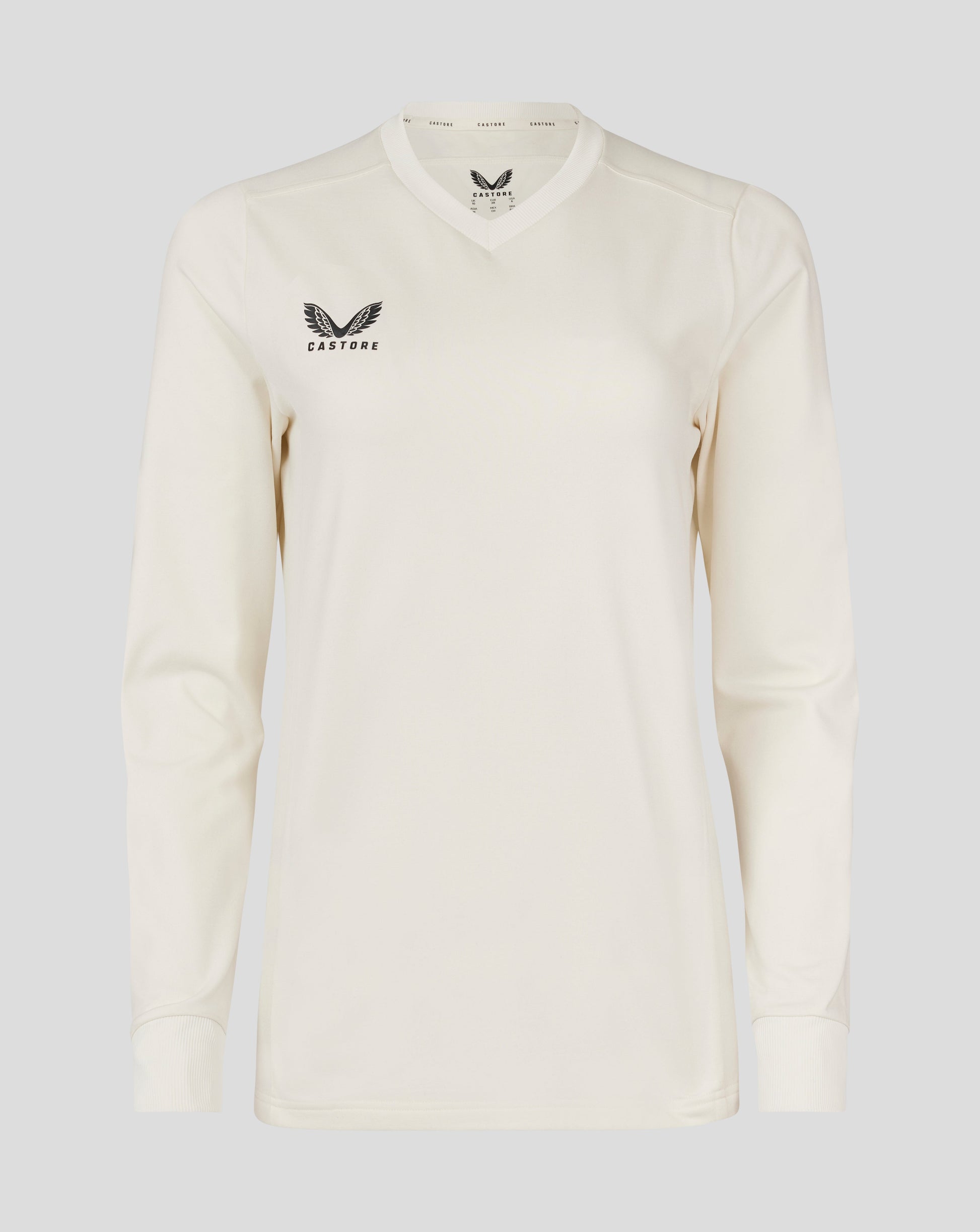 Womens Cannoli Cream cricket jumper featuring mitred V-neck mesh panels and ribbed cuffs