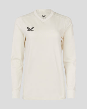 Womens Cannoli Cream cricket jumper featuring mitred V-neck mesh panels and ribbed cuffs