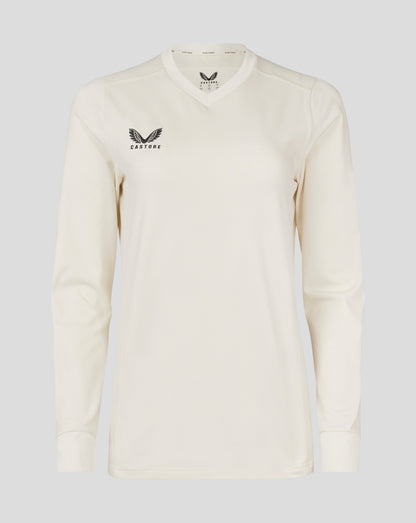 Womens Cannoli Cream cricket jumper featuring mitred V-neck mesh panels and ribbed cuffs