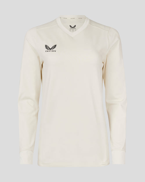 Womens Cannoli Cream cricket jumper featuring mitred V-neck mesh panels and ribbed cuffs