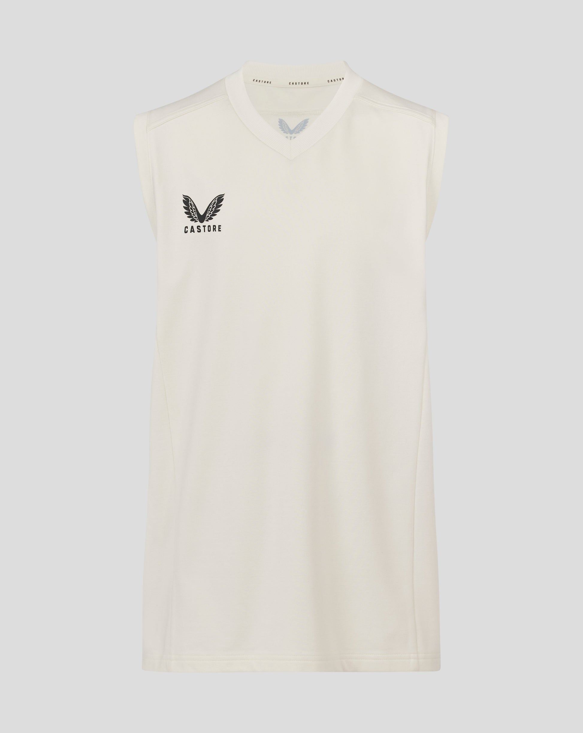 Cannoli cream sleeveless cricket jumper with V neck and Castore logo on chest.