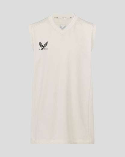 Cannoli cream sleeveless cricket jumper with V neck and Castore logo on chest.