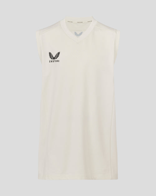 Cannoli cream sleeveless cricket jumper with V neck and Castore logo on chest.