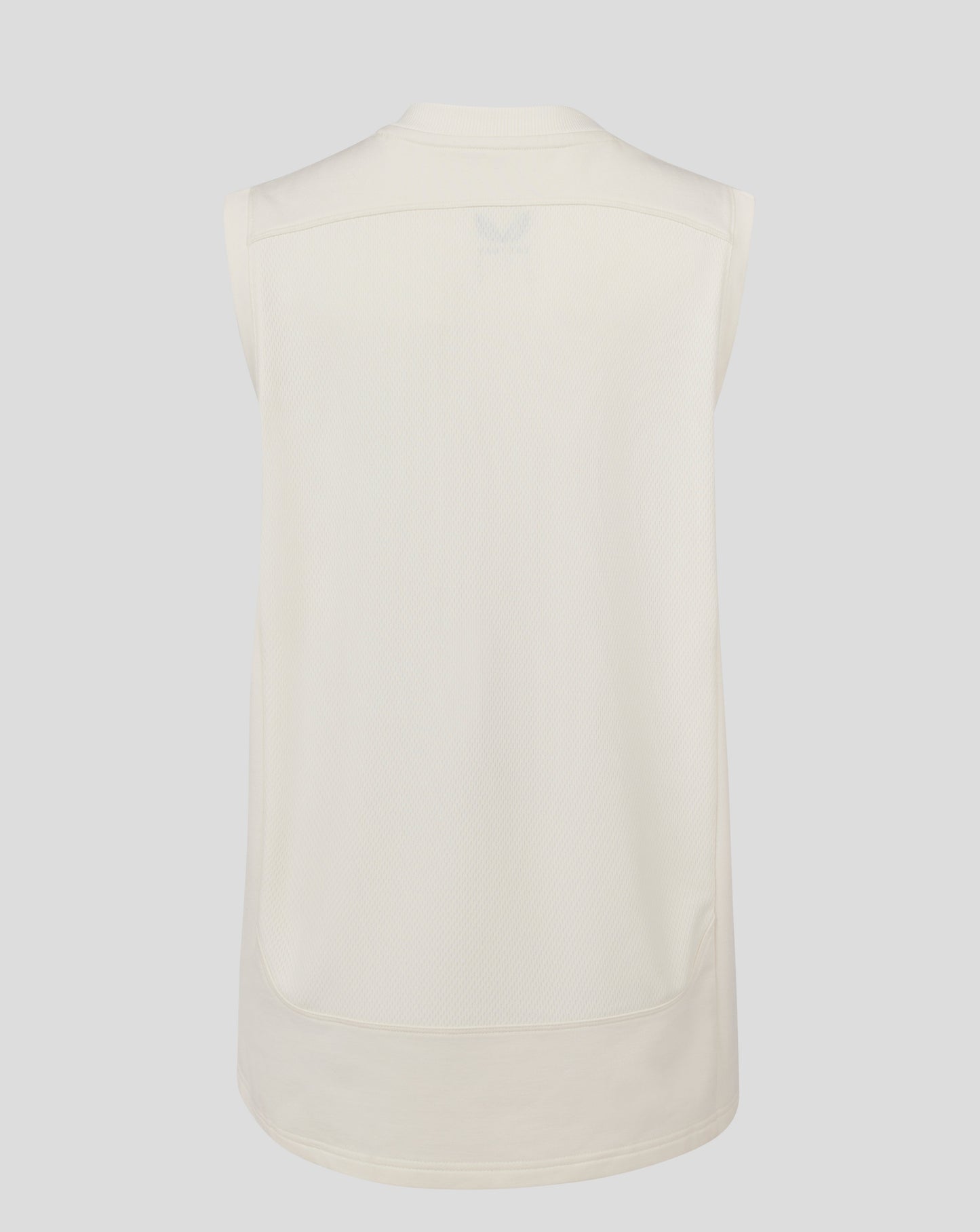 Back view of Cannoli Cream sleeveless cricket jumper with mesh back panel