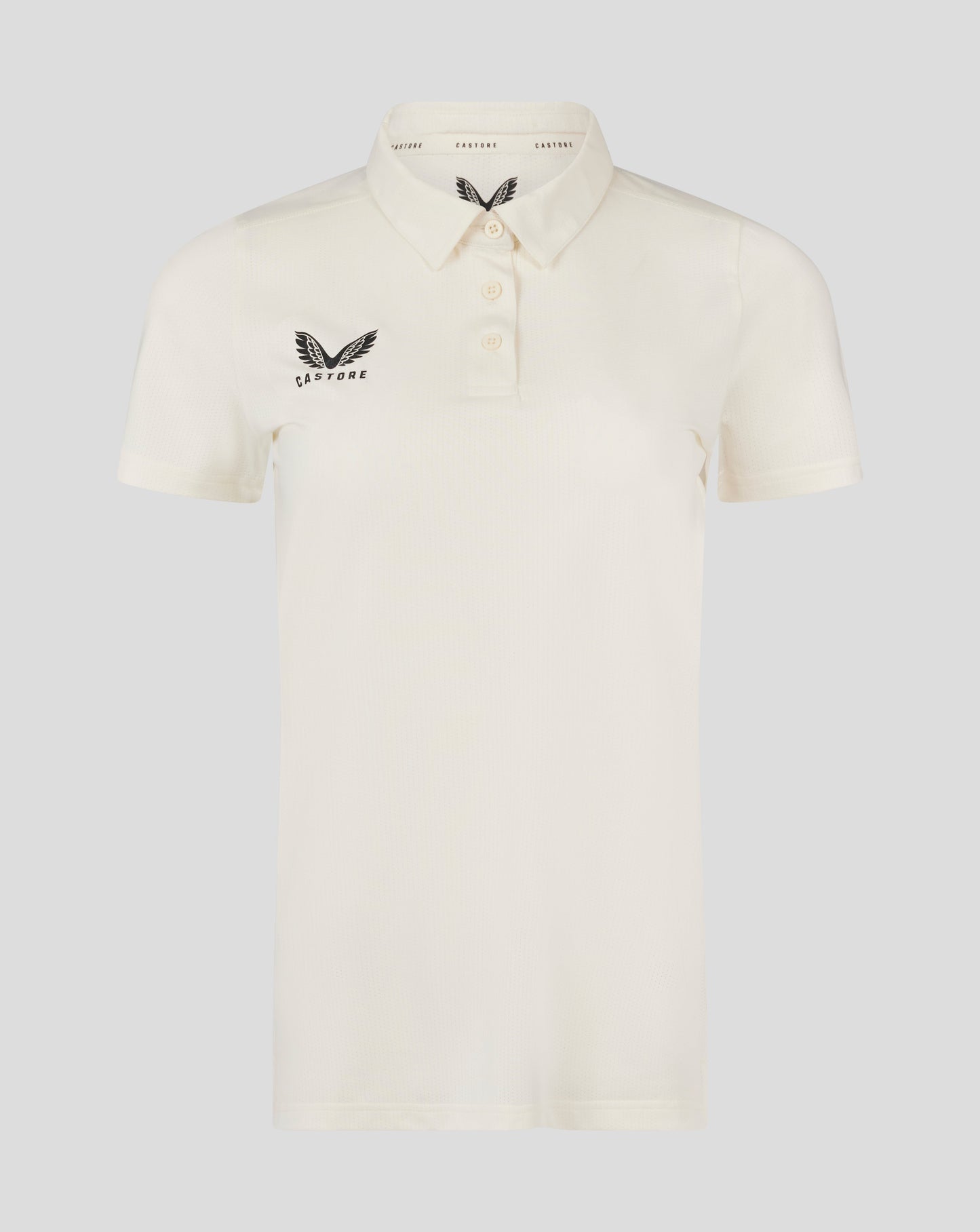 Womens Cricket Tech Playing Shirt Cannoli Cream front view with three button placket and Castore logo