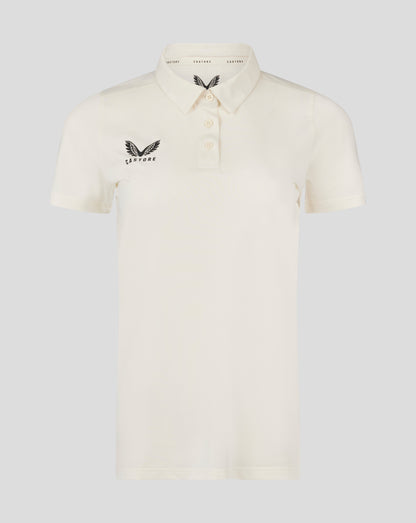 Womens Cricket Tech Playing Shirt Cannoli Cream front view with three button placket and Castore logo