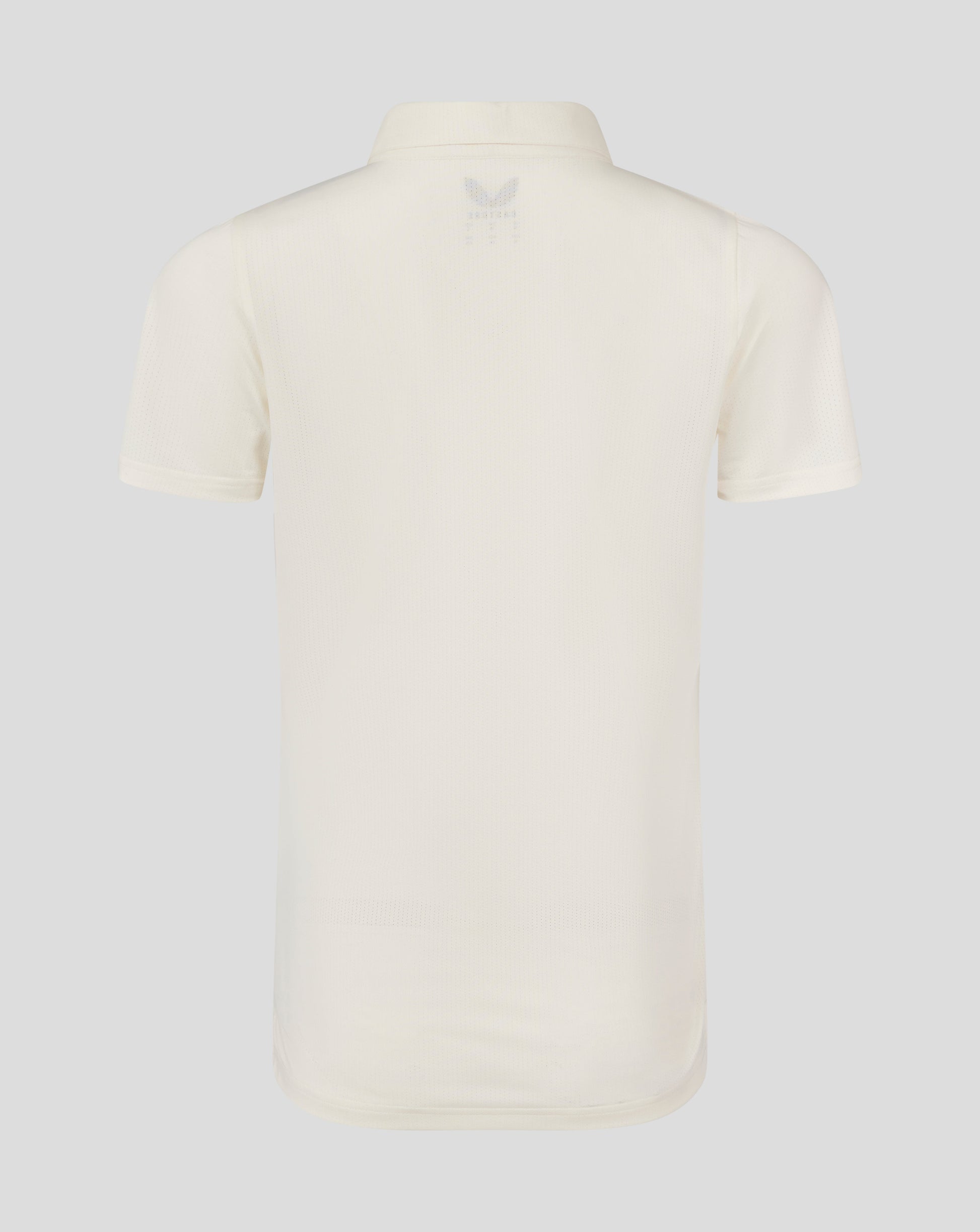 Back view of Cannoli Cream cricket shirt showing curved hem and small Castore logo at upper back
