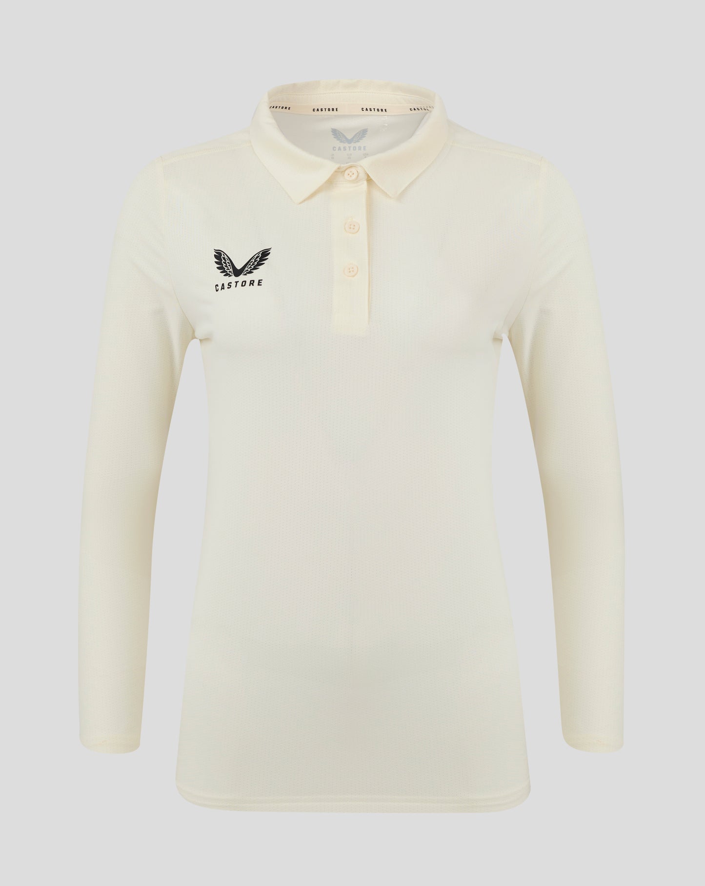 Front view of Cannoli Cream long sleeve cricket tech playing shirt with a three button placket and left chest Castore logo