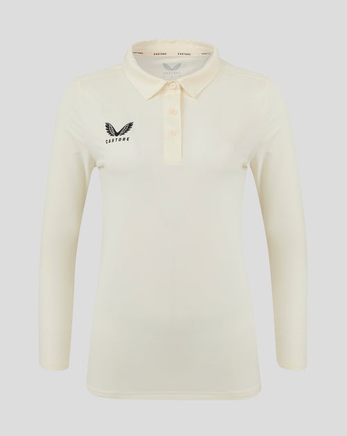 Front view of Cannoli Cream long sleeve cricket tech playing shirt with a three button placket and left chest Castore logo