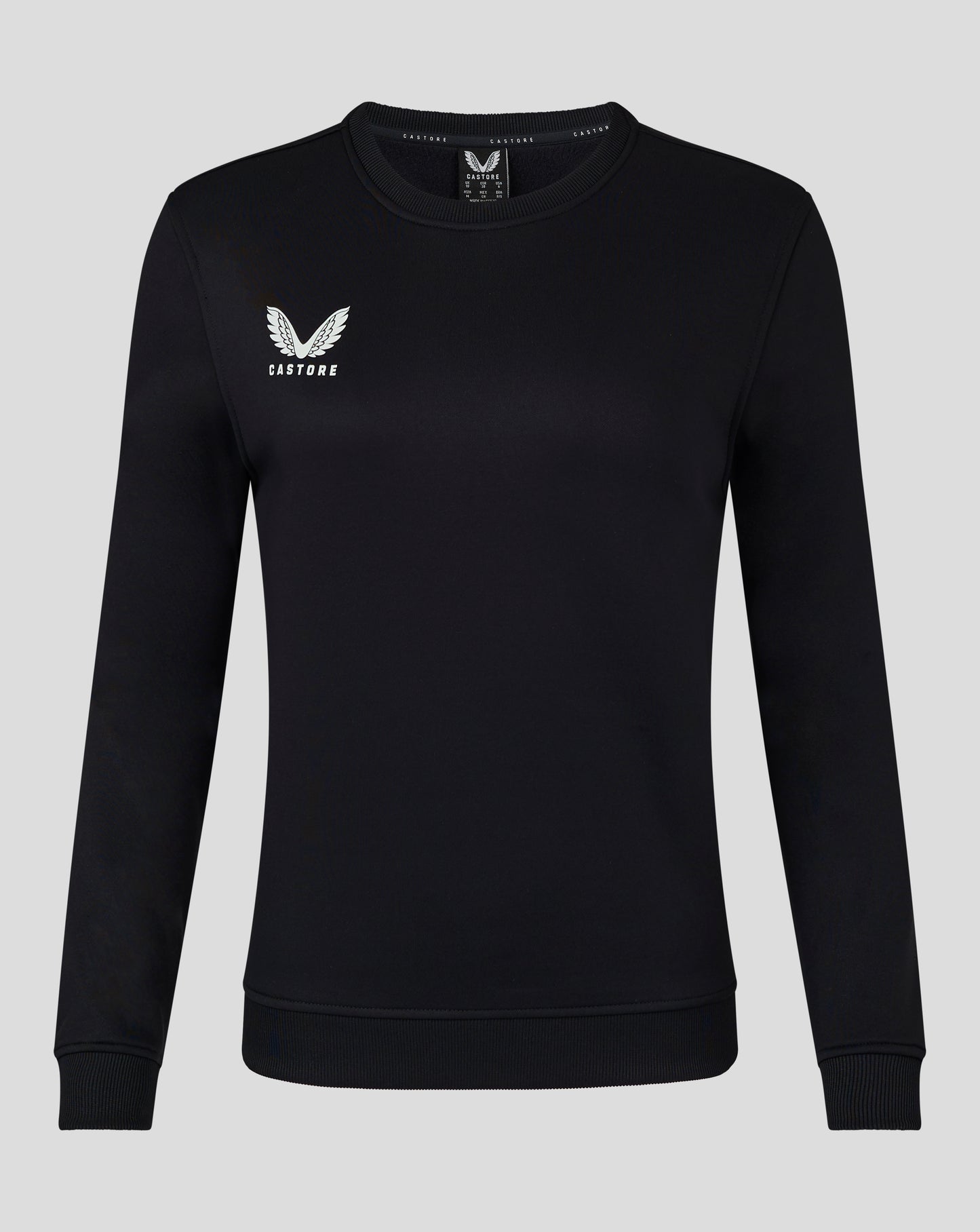 Black crewneck sweatshirt with white Castore wing logo on the left chest