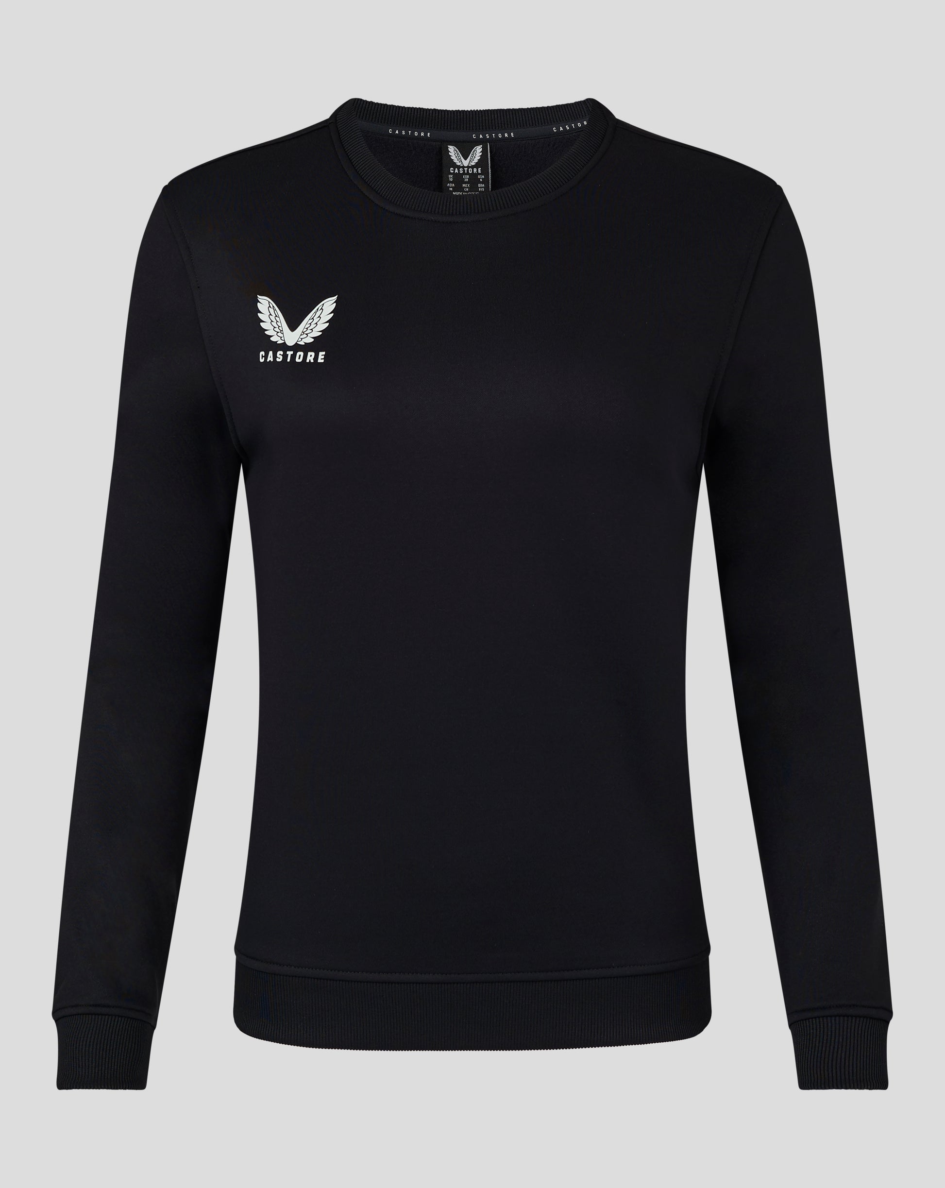 Black crewneck sweatshirt with white Castore wing logo on the left chest