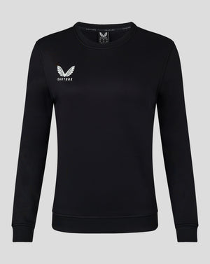 Black crewneck sweatshirt with white Castore wing logo on the left chest