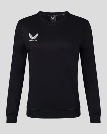 Black crewneck sweatshirt with white Castore wing logo on the left chest