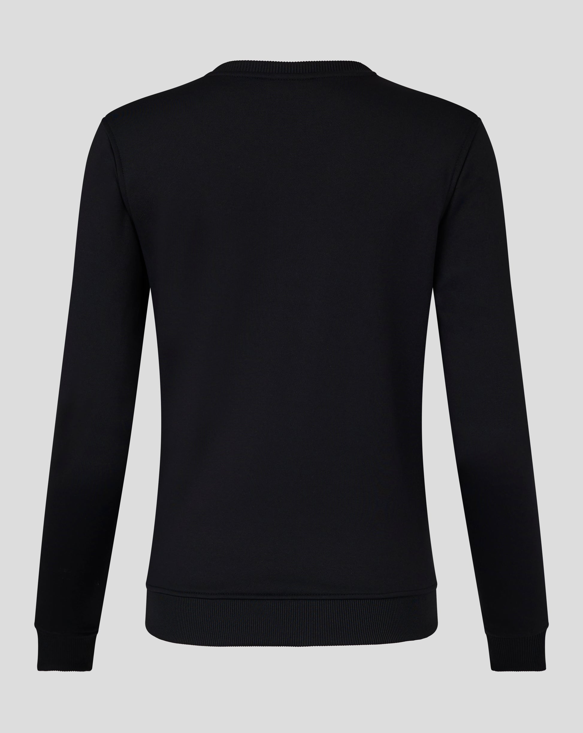 Back view of a black Womens Brushback Sweatshirt in Caviar with ribbed hem and cuffs