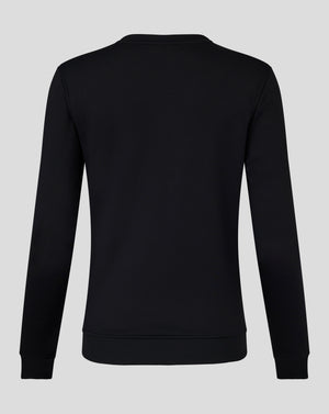 Back view of a black Womens Brushback Sweatshirt in Caviar with ribbed hem and cuffs