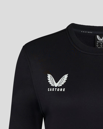 Close up of black Womens Brushback Sweatshirt in Caviar showing ribbed neckline and shoulder seam with Castore branding