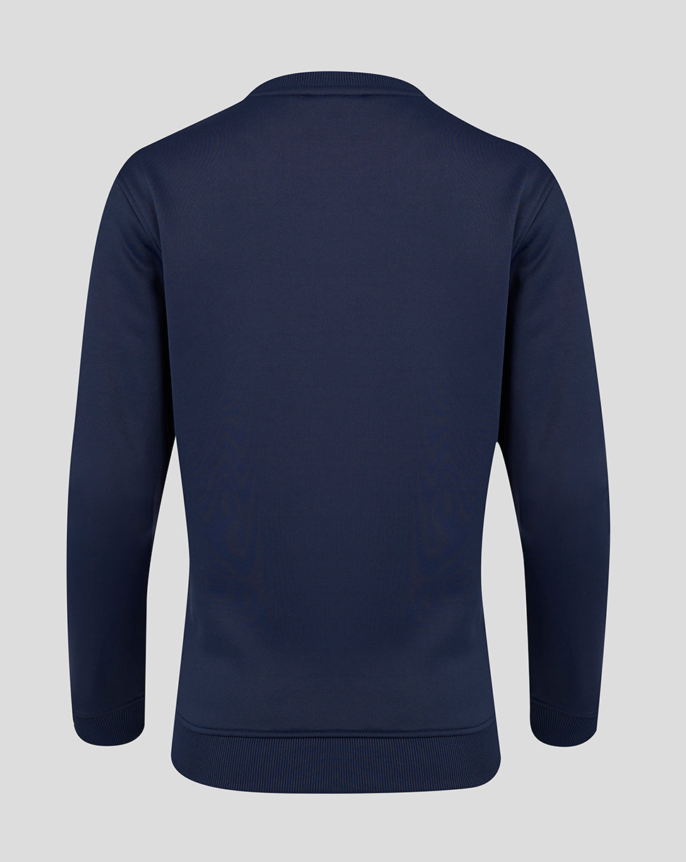 Back view of navy women's Brushback Sweatshirt with plain back and ribbed hem.