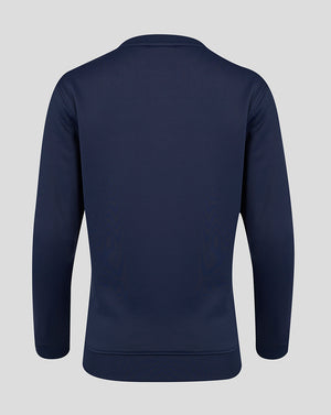 Back view of navy women's Brushback Sweatshirt with plain back and ribbed hem.