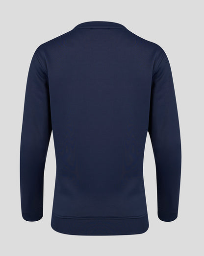 Back view of navy women's Brushback Sweatshirt with plain back and ribbed hem.