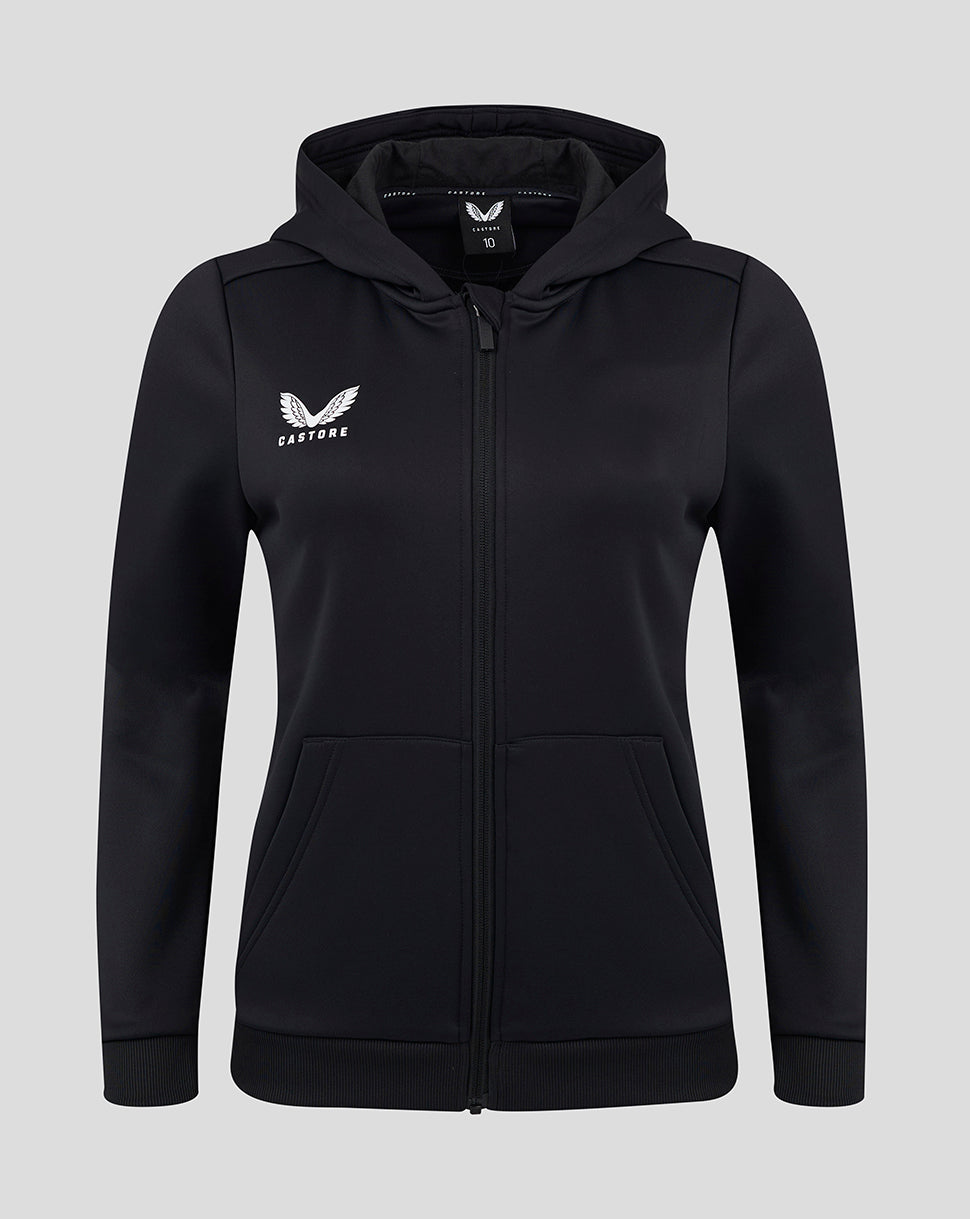 Black full zip brushback hoodie with hood kangaroo pockets and Castore logo on the chest