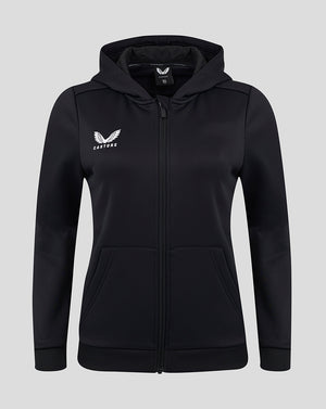 Black full zip brushback hoodie with hood kangaroo pockets and Castore logo on the chest