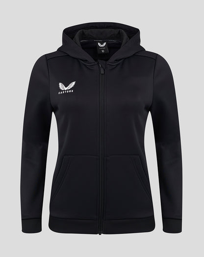 Black full zip brushback hoodie with hood kangaroo pockets and Castore logo on the chest