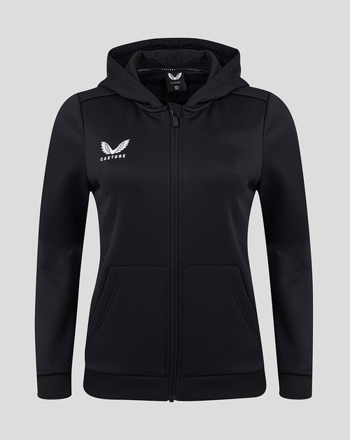 Black full zip brushback hoodie with hood kangaroo pockets and Castore logo on the chest