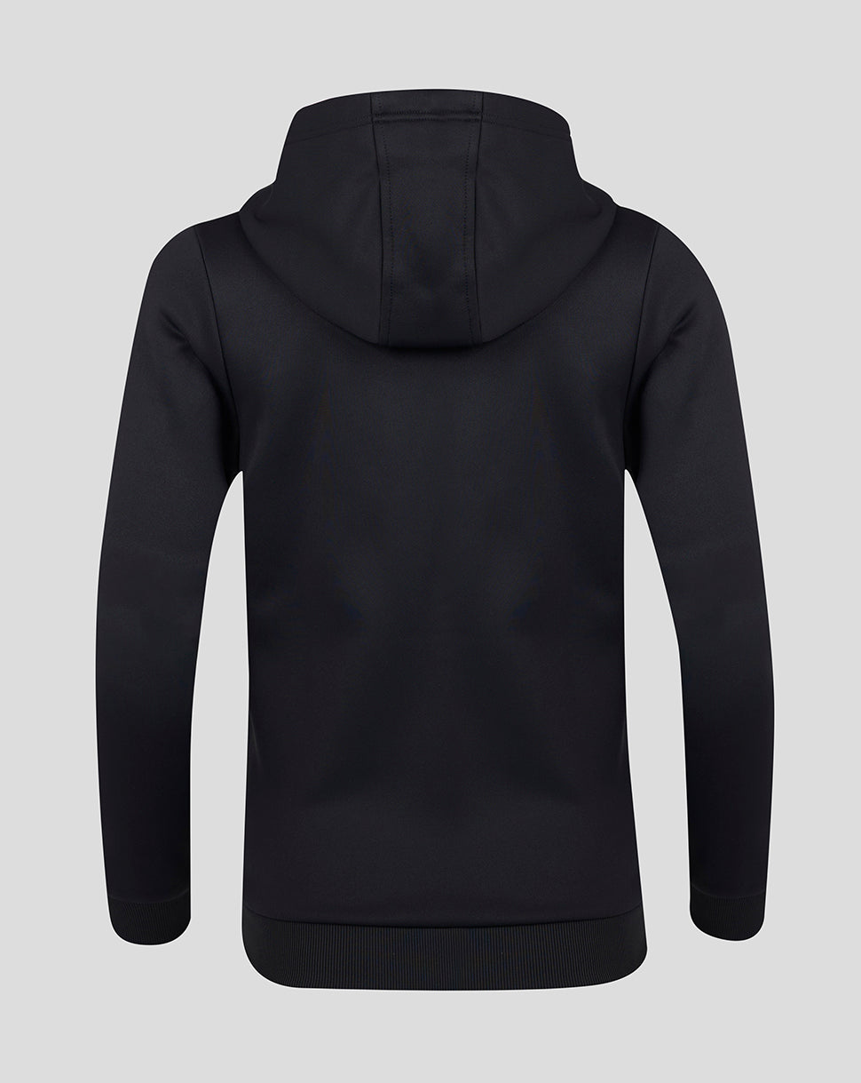 Back view of black full zip brushback hoodie with attached hood and ribbed hem