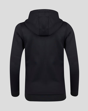 Back view of black full zip brushback hoodie with attached hood and ribbed hem