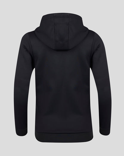 Back view of black full zip brushback hoodie with attached hood and ribbed hem