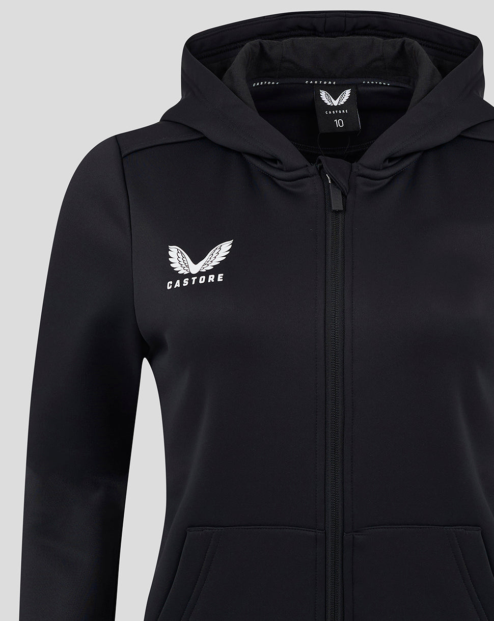 Womens black full zip brushback hoodie with Castore wing logo on the chest and kangaroo pockets.