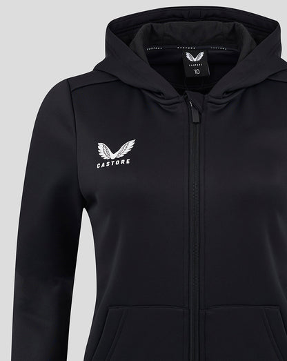 Womens black full zip brushback hoodie with Castore wing logo on the chest and kangaroo pockets.