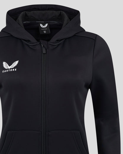 Close up of black Castore hoodie showing the chest logo and interior hood label.
