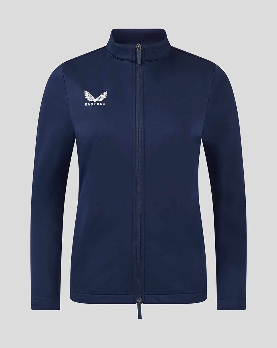 Navy soft shell jacket with full front zipper high collar and Castore logo on left chest