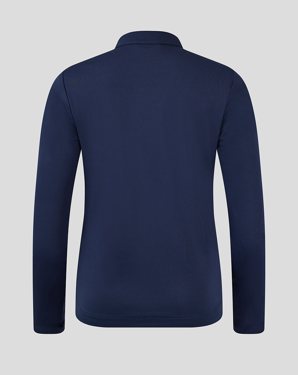 Back view of a navy soft shell jacket with a clean silhouette.