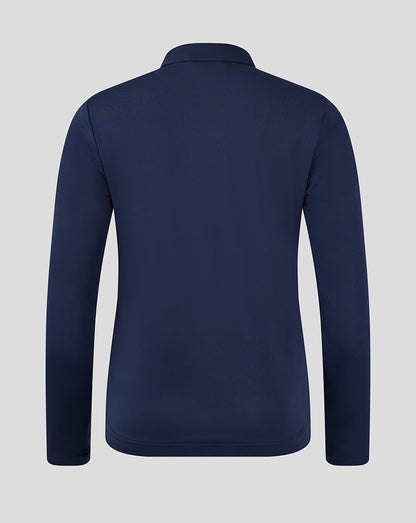 Back view of a navy soft shell jacket with a clean silhouette.