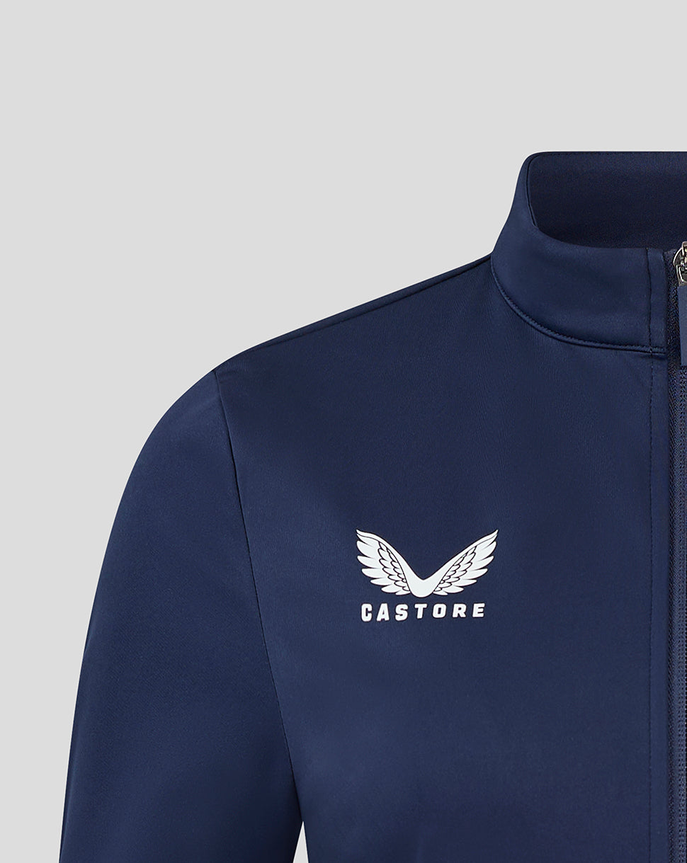 Close up of navy soft shell jacket showing Castore wing logo on the left chest