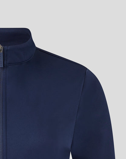 Close up of a navy soft shell jacket showing the high collar and zip placket.